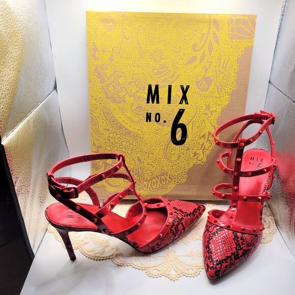 Red Hot Mix No. 6 Laboni 9.5 M Red and Black Studded Snakeskin High Heel Sandals - Picture 1 of 4